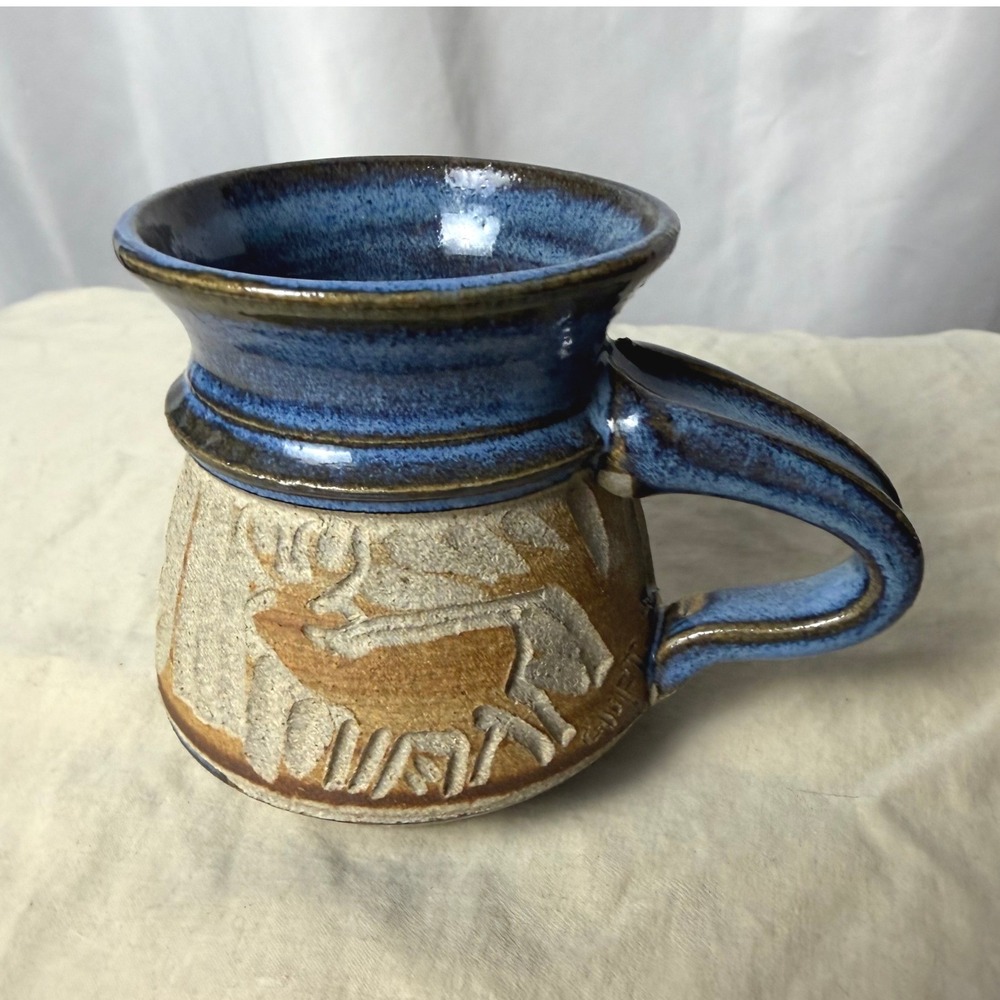 VTG Signed Studio Pottery Mug Sgraffito Deer Blue Glaze Stoneware Gift for Dad